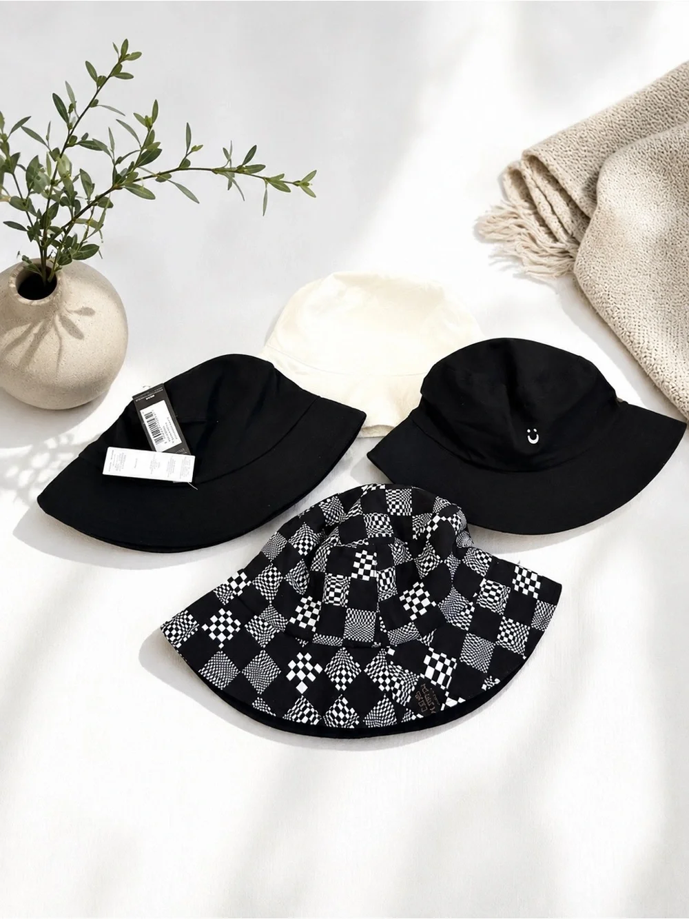 4 -Black & Cream Reversible Bucket Hat  Set- Checker Pattern